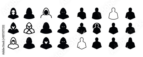 Set of 24 anonymous hoodie icons with various styles and silhouettes