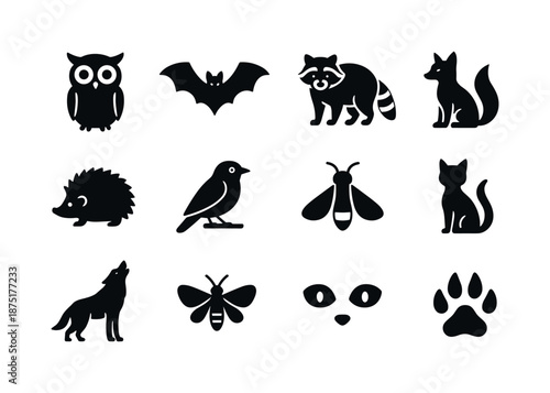 Nocturnal Animal Icons. Nocturnal Animals. Solid icon set of Nocturnal Animals: owl, bat, raccoon, fox, hedgehog, night bird, firefly, cat silhouette, howling