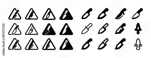 Knife warning symbols and silhouette icon set