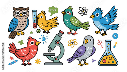 Whimsical Birds and Science: A vibrant illustration showcasing a collection of cartoon birds alongside science-related elements, symbolizing curiosity and exploration.