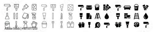 Assorted painting and cleaning tools icons: brushes, rollers, spray bottles, buckets, gloves