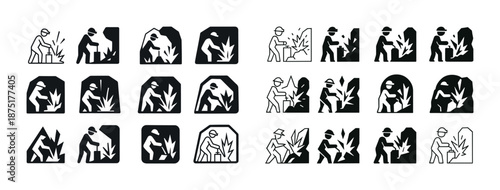 Monochrome icon set of workers with tools and plants