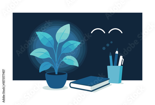 Office Desk Tranquility. Office plant mood. A desk plant beside minimal stationery; airy shapes showing improved focus. Soft gradient glow around the leaves.