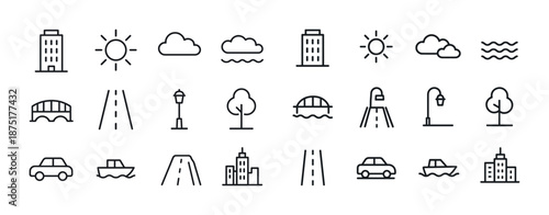 Simple black and white line icons of buildings, transportation, nature, and weather