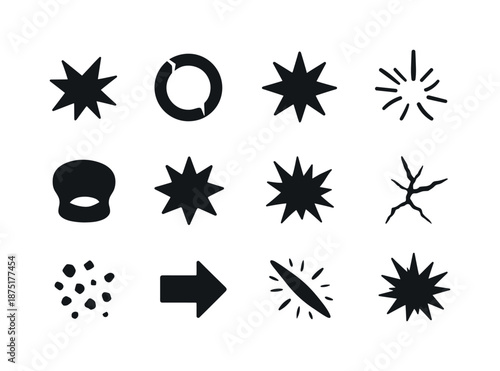 Impact Icons Set. Impact effects. Solid icon set of impact effects: collision star, fracture ring, burst symbol, shockwave lines, dent mark, hit symbol, smash
