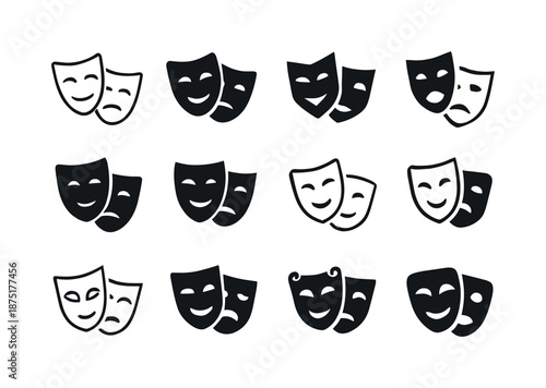 Theater Mask Logos. Theater performances. Icon set. Set Logo of theater performances: classic theater masks. harmonious logo variations of the same emblematic
