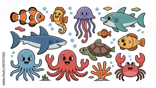 Marine Life Cartoon: A vibrant cartoon illustration showcases a collection of captivating marine creatures, creating a cheerful depiction of aquatic life. 