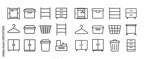 Line icons of household storage and furniture items: wardrobe, box, hanger, cabinet, basket