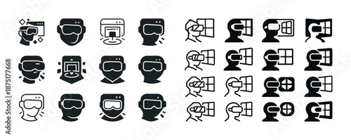 Virtual reality icons collection featuring headsets and window interactions