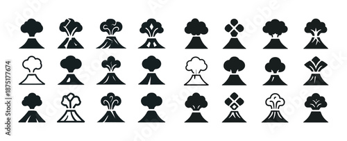 Collection of volcanic eruption icons in various styles and designs