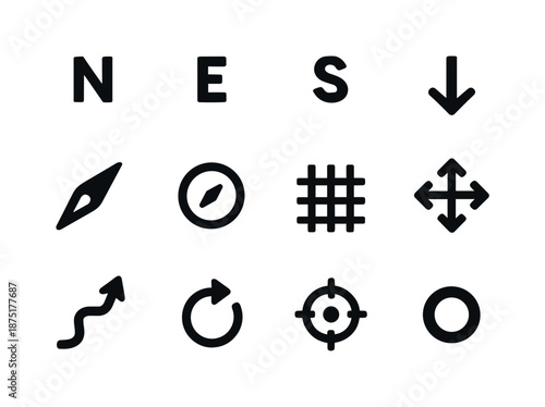 Directional Icon Set. Directional symbols. Solid icon set of directional symbols: north icon, east icon, south icon, west icon, compass needle, orientation
