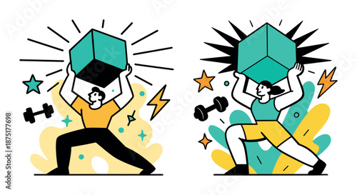 Caucasian male and female in dynamic cube lifting exercise with vibrant elements