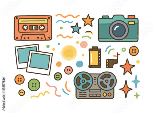 Retro Children Doodles. Analog aesthetic. Colorful Hand-drawn doodle Children illustration Analog aesthetic cassette tape, vintage camera, photo borders, grain