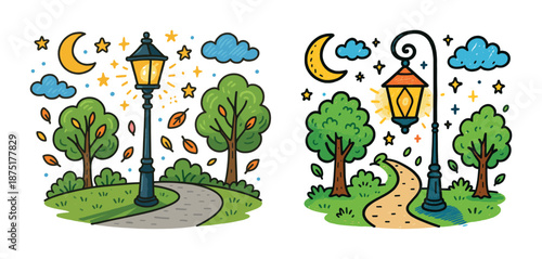 Whimsical park scene with lamp posts, trees, moon, and stars