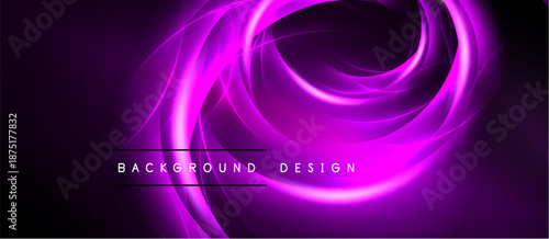 Abstract purple swirls create dynamic background. Bright neon lines flow, forming circular patterns. Dark space emphasizes glowing elements.