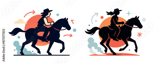 Silhouettes of female horse riders at sunset with orange glow