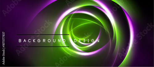 Abstract background features vibrant concentric circles. Green, purple hues blend, creating dynamic visual effect. Text reads background design.