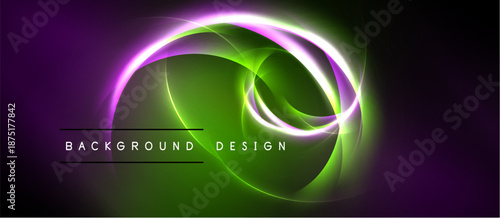 Abstract glowing shapes dominate dark background. Green, purple hues create dynamic visual effect. Text reads background design.