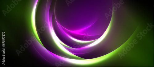 Abstract design features glowing circular layers. Vivid purple, green hues dominate dark background. Smooth gradients create dynamic visual effect.
