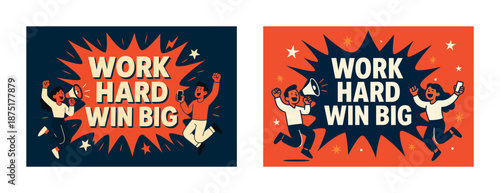 Dynamic motivational posters with energetic characters celebrating success