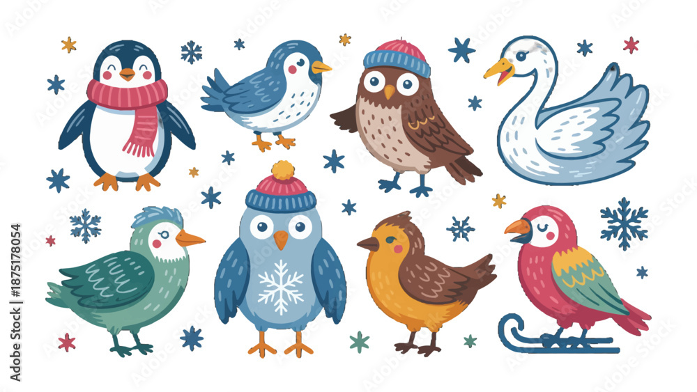 Fototapeta premium Feathered Friends: A delightful group of various adorable birds, each with unique plumage and charm, come together, celebrating the beauty of nature.