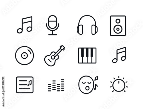 Music Icons Set. Song. Line icon set of Song: music note, microphone, headphones, speaker, vinyl record, guitar, piano keys, melody line, playlist icon,