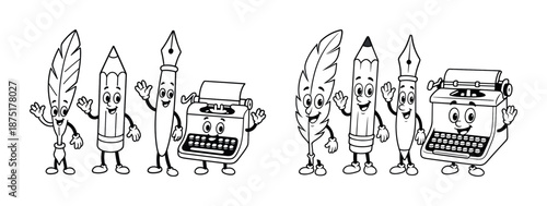 Cartoon writing tools group: quill, pen, pencil, typewriter animated characters