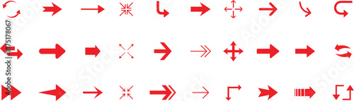 Title Arrow icon set. Red arrow icons. Arrow set icon. Cursor Red arrows icons. Collection different arrows sign. Modern simple arrows. Red direction pointer.