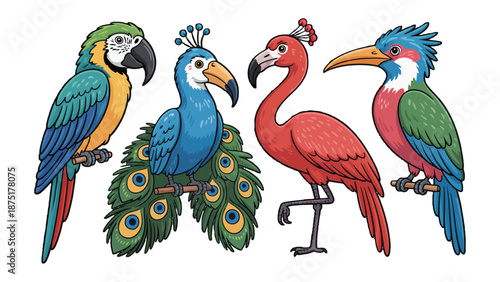 Vibrant Avian Ensemble: An exquisite assortment of illustrated birds perches with colorful plumage. These feathered friends exude charm and artistry. 