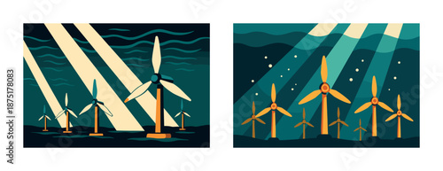 Renewable energy illustration featuring multiple wind turbines in a scenic landscape