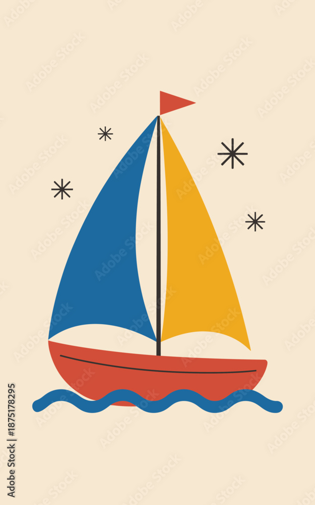 Fototapeta premium This playful image depicts a sailboat with contrasting blue and yellow sails gliding over calm waves, representing adventure, leisure, and nautical exploration.
