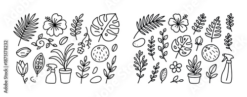 Doodle style tropical plant elements with flowers and gardening tools