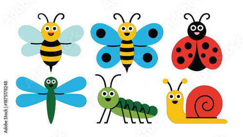 Animated Insect Collection: A vibrant ensemble of six animated insects, including a bee, butterfly, ladybug, dragonfly, caterpillar, and snail.
