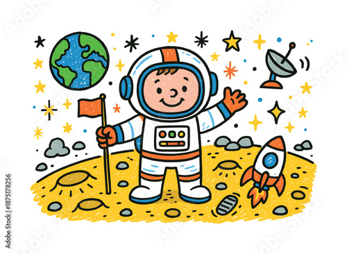 Playful Moon Landing. Astronaut on the moon. Colorful Hand-drawn doodle Children illustration Astronaut on the moon smiling astronaut, moon surface craters,