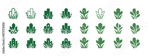 Set of green geometric leaf and building icons