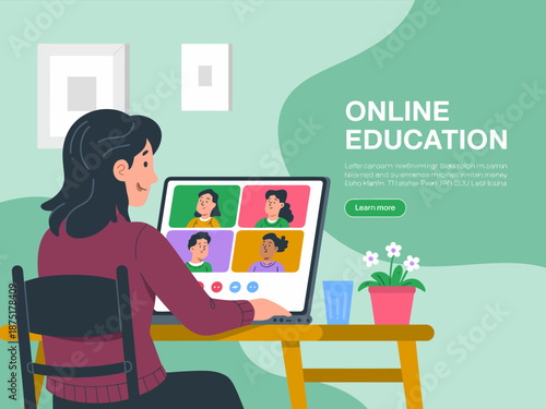 A modern illustration showing a woman actively participating in an online education session, showcasing the integration of technology and learning in a comfortable home environment.