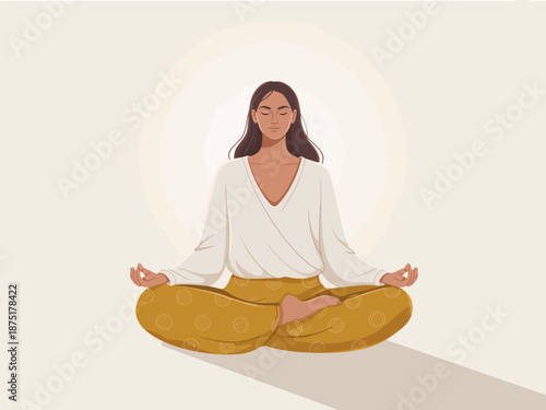 A serene illustration of a woman meditating in a peaceful pose, embodying tranquility, mindfulness, and the pursuit of inner peace in a simple yet powerful manner.