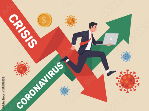 This image juxtaposes contrasting arrows, symbolizing economic crisis and growth, with the backdrop of the coronavirus, reflecting the challenges and resilience in today’s world.