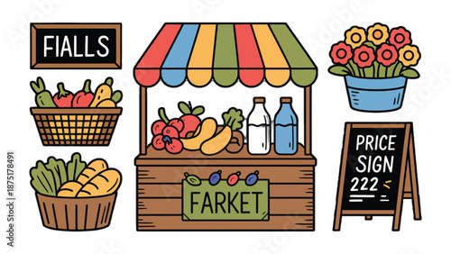 Local Farm Market: A vibrant illustration showcasing the charm of a local farm market, brimming with fresh produce, baked goods, and colorful flowers, all displayed beneath a striped awning.