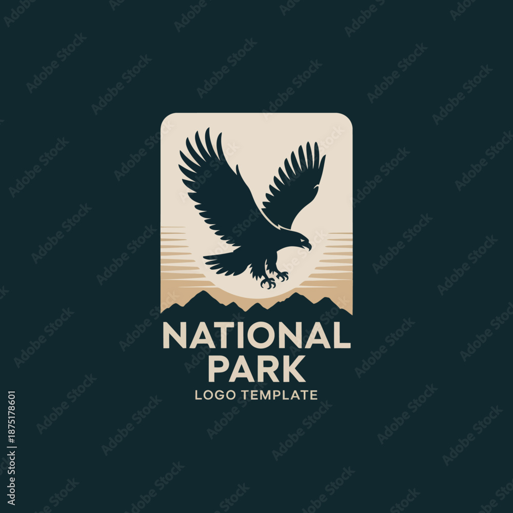 Obraz premium This logo features a majestic eagle in mid-flight above a mountain range, embodying the essence of the wilderness and adventure associated with national parks.