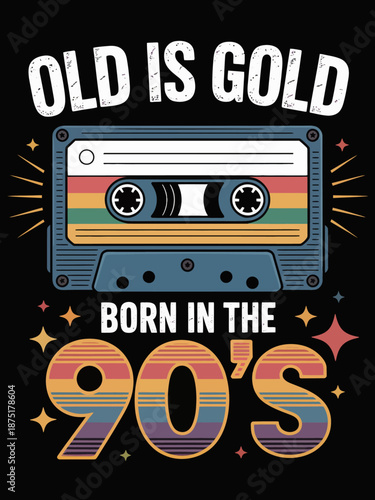 This vibrant graphic features a colorful cassette tape, symbolizing the nostalgia and charm of the 90's music era, appealing to memories of a beloved cultural period.