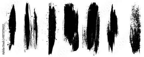 Grunge set of different strokes. Abstract brush. Seven elements. Vector illustration