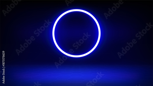 Futuristic blue technology stage background. Circular blue neon, led halo spotlight, grid floor. Background for displaying products, presentation, advertising. Tech backdrop. Showcase. Vector