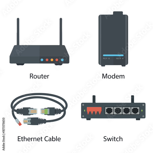 A vector graphic illustration of networking devices and accessories