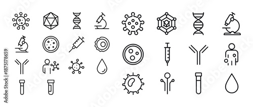 Medical science vector icons: microscope, dna, virus, syringe, test tube