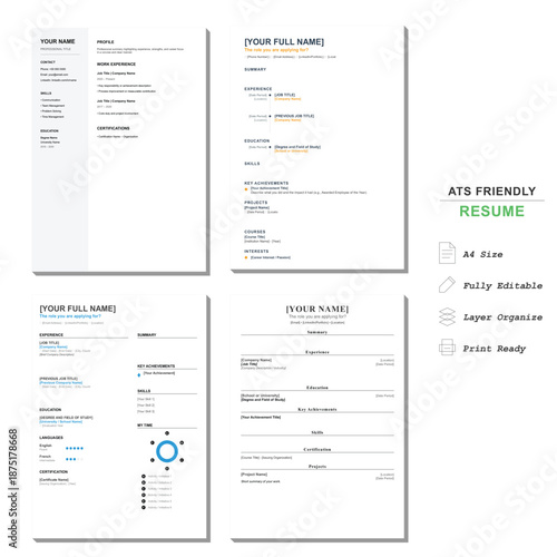 Minimalist ATS friendly resume template set. Professional CV layout for job application. Clean A4 print ready vector design bundle