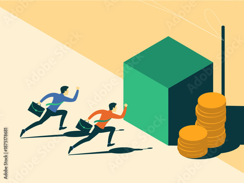 This dynamic illustration showcases two determined businessmen racing towards a large green cube, representing competition, ambition, and the pursuit of success in the business realm.