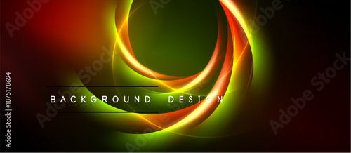 Abstract vibrant design features swirling light shapes. Orange, green hues dominate dark background. Text reads background design.