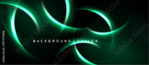 Dark background features glowing green curves. Abstract design creates dynamic visual effect. Modern aesthetic suitable for digital projects.