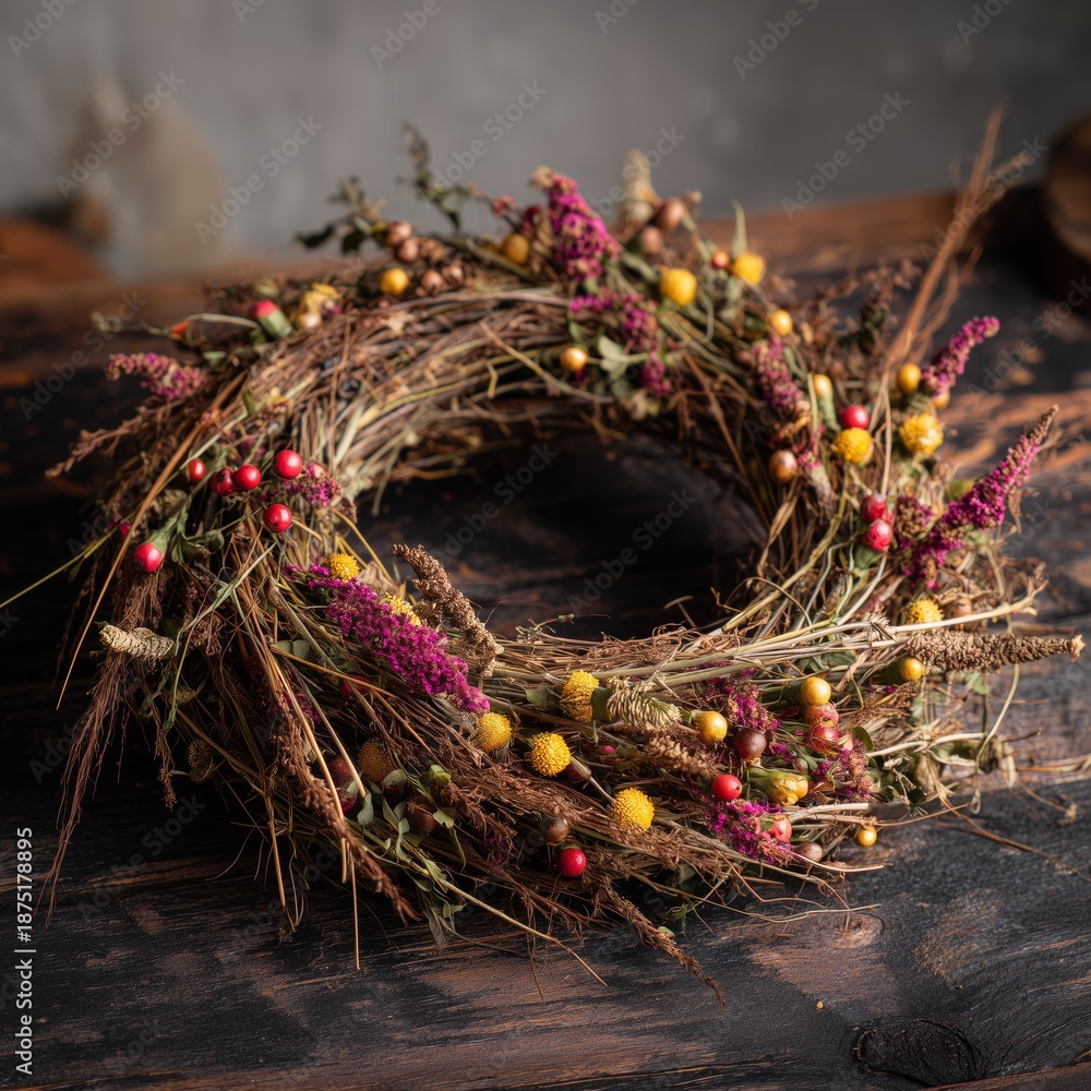 Naklejka premium Rustic Autumn Wreath on Distressed Wood 